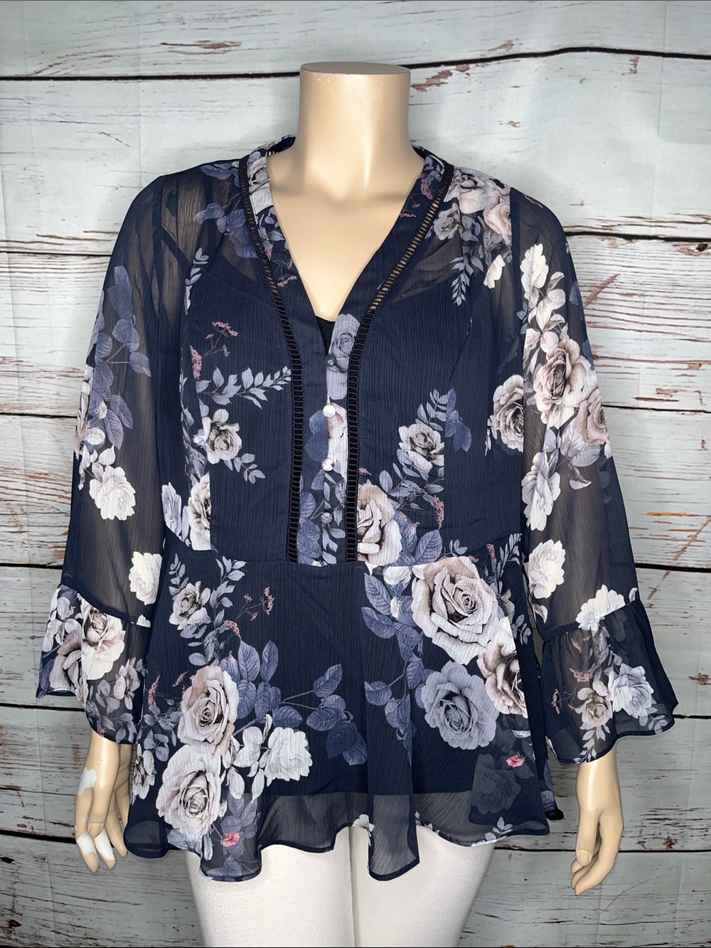 City Chic Size L/20 Navy Blue - Floral Print V-Neck Peplum Blouse Top